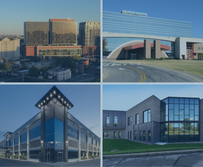 Collage of a glass storefront façade and shower enclosure with frosted overlay – examples of Glenny Glass residential and commercial projects.